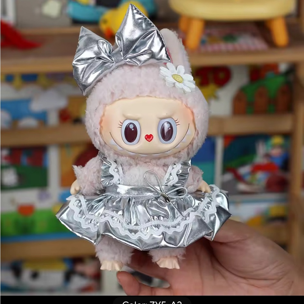 Cute Labubu Silver Dress with a Ruffle and Hairbow